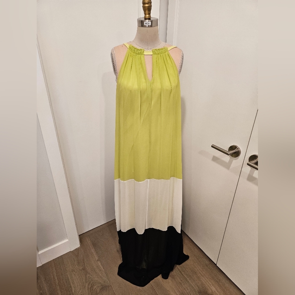 Vince Camuto Yellow and Green Pleated Halter Maxi Dress